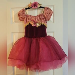 EUC Girl's Burgundy & Tulle Ballet Dance Costume 'One More Dance' Floral  E1417